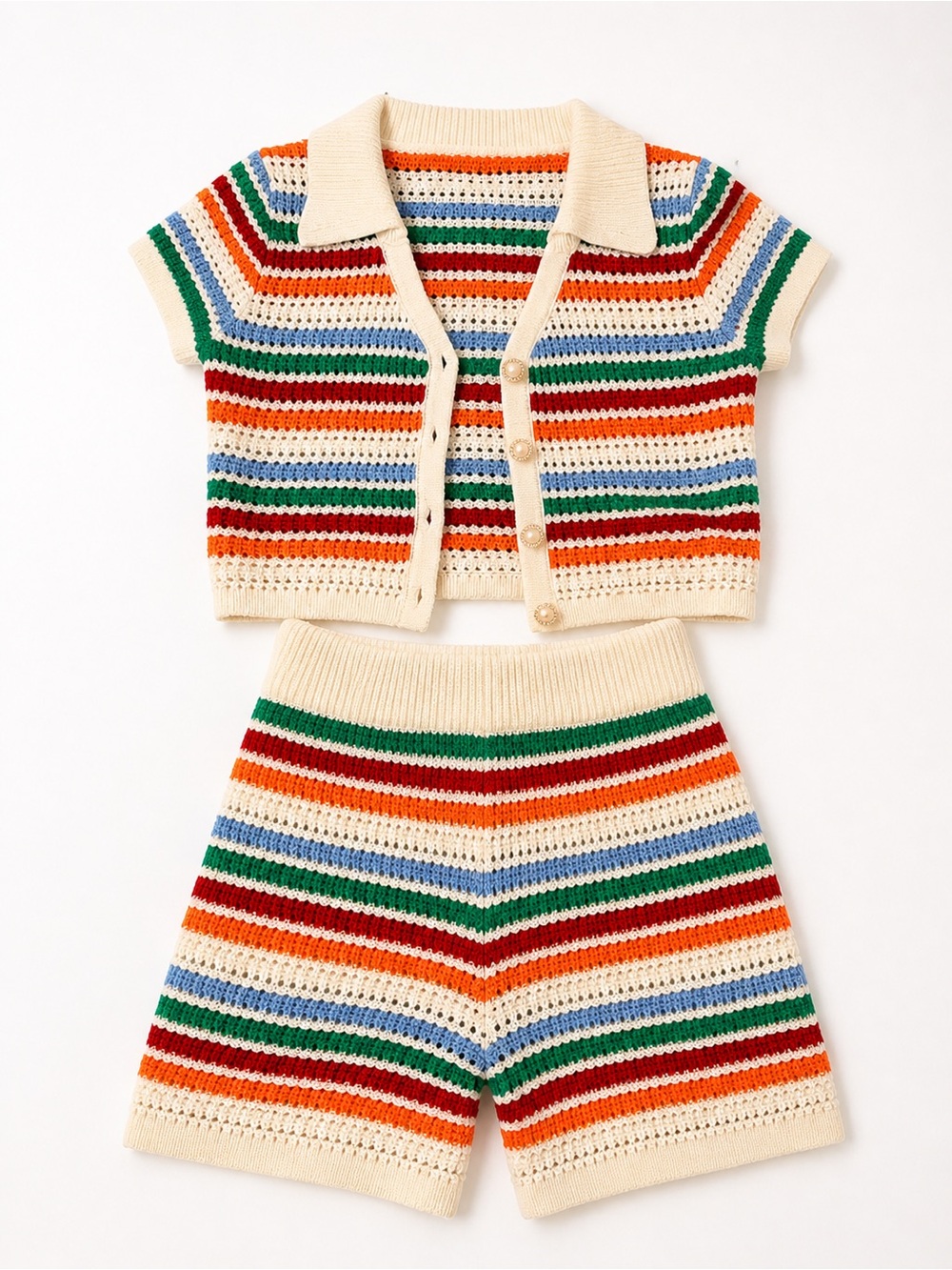 Cream Multicolor Striped Crochet Two-Piece Set